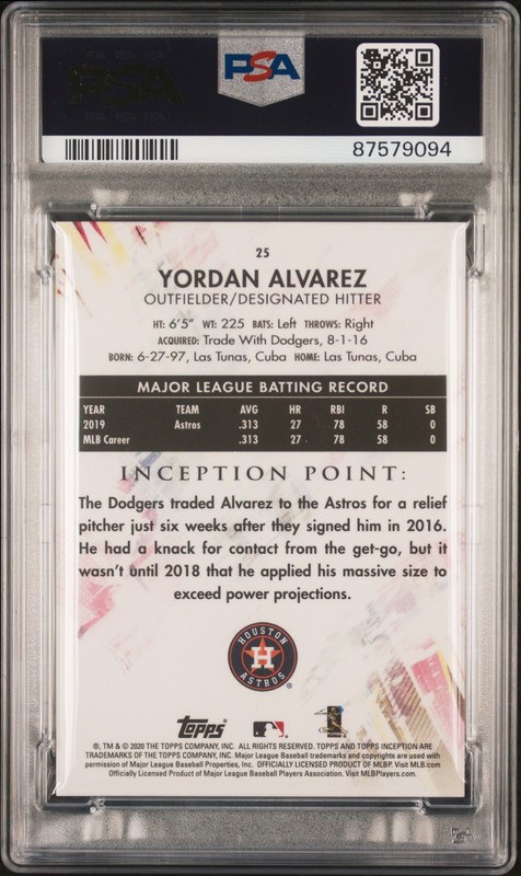 Yordan Alvarez 2020 Topps Inception RC PSA 10 view 2