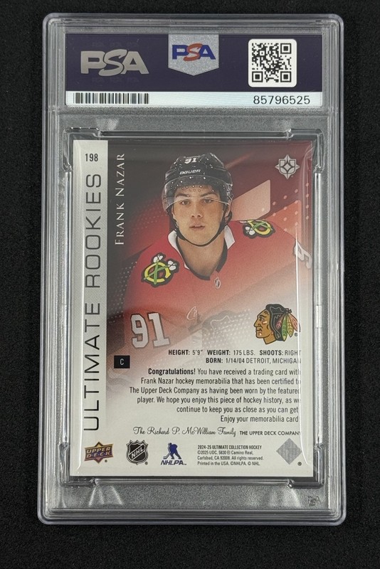Frank Nazar 2024-25 UD Ultimate Collection Hockey Rookie Auto Relic /499 PSA DNA view 2