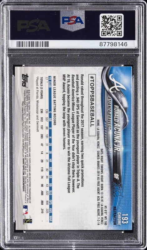 2018 TOPPS CHROME REFRACTOR #193 RONALD ACUNA JR. ROOKIE RC PSA 10 view 2