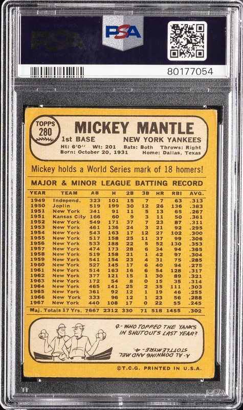 1968 TOPPS #280 MICKEY MANTLE PSA 2 view 2