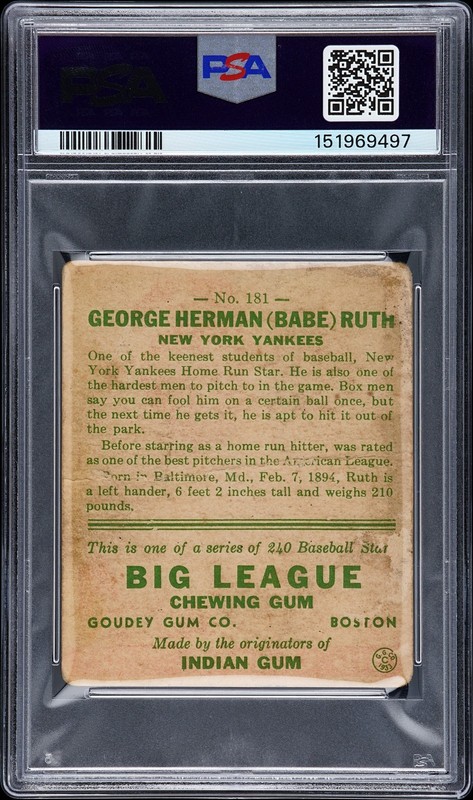 1933 GOUDEY #181 BABE RUTH PSA AUTHENTIC ALTERED view 2