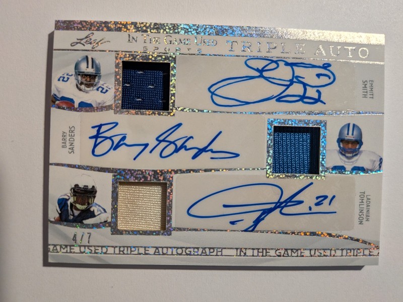 BARRY SANDERS EMMITT SMITH LT TOMLINSON 3 Auto 2025 Leaf In the Game Used 4/7