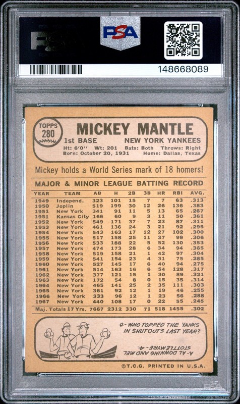 1968 TOPPS #280 MICKEY MANTLE PSA 3 view 2