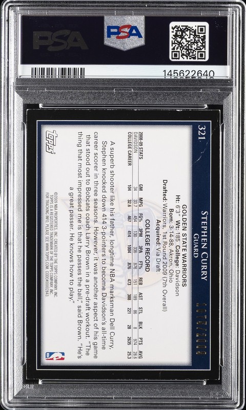 2009 TOPPS GOLD #321 STEPHEN CURRY ROOKIE RC 1875/2009 PSA 3 view 2