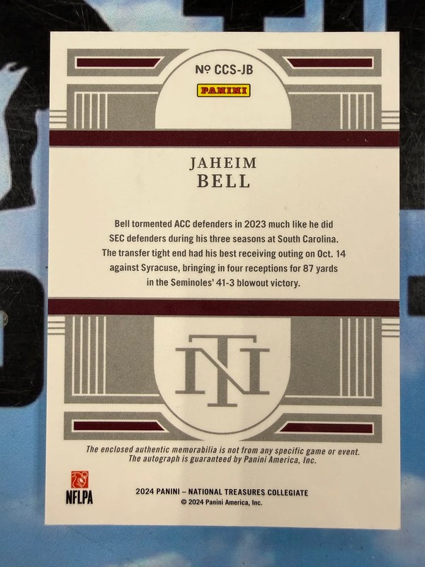 2024 Panini National Treasures Collegiate Jaheim Bell FSU Logo Patch Auto 1/1 view 2