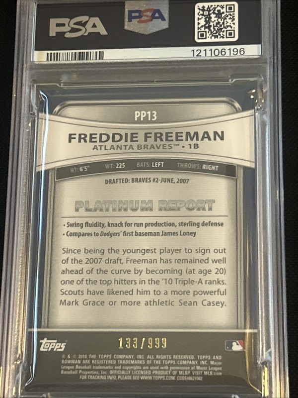 2010 Bowman Platinum Prospects - FREDDIE FREEMAN Rookie Refractor #/999 - PSA 9 view 2