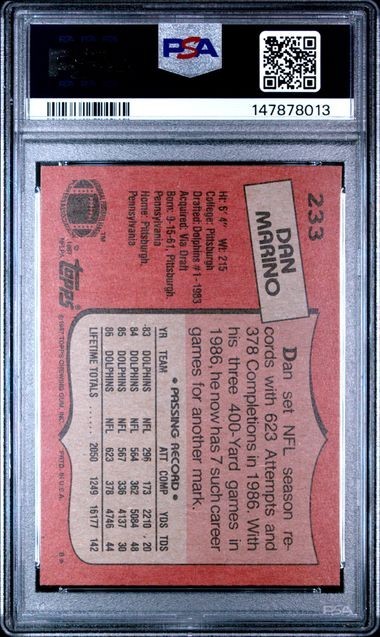 1987 Topps #233 Dan Marino Card PSA 10 Rare Low Pop 216 HOF Miami Dolphins GOAT view 2