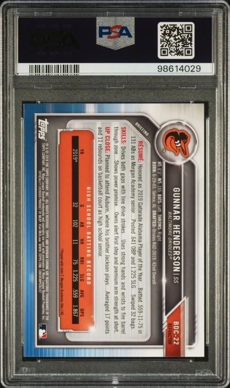 GUNNAR HENDERSON 2019 BOWMAN DRAFT CHROME REFRACTOR RC #BDC-22 ORIOLES PSA 10 SP view 2