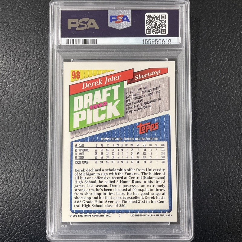 1993 Topps #98 Derek Jeter Florida Marlins Inaugural RC Rookie PSA 9 Mint HOF view 2