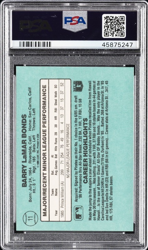 1986 DONRUSS ROOKIES #11 BARRY BONDS ROOKIE RC PSA 9 view 2