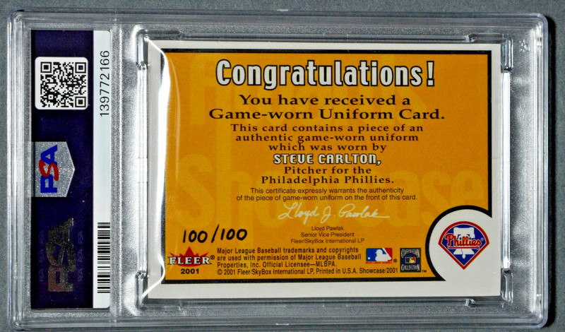 2001 Fleer Showcase STEVE CARLTON Awards Game Worn Patch /100 PSA 8 HOF view 2