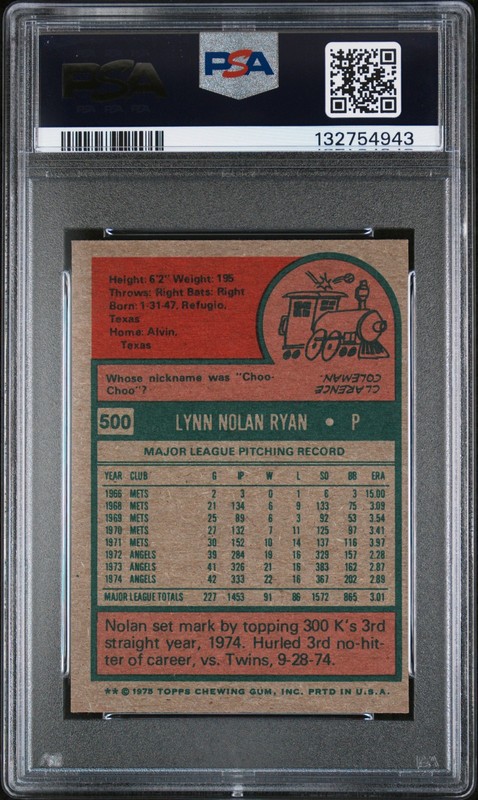 1975 TOPPS MINI #500 NOLAN RYAN PSA 7 view 2