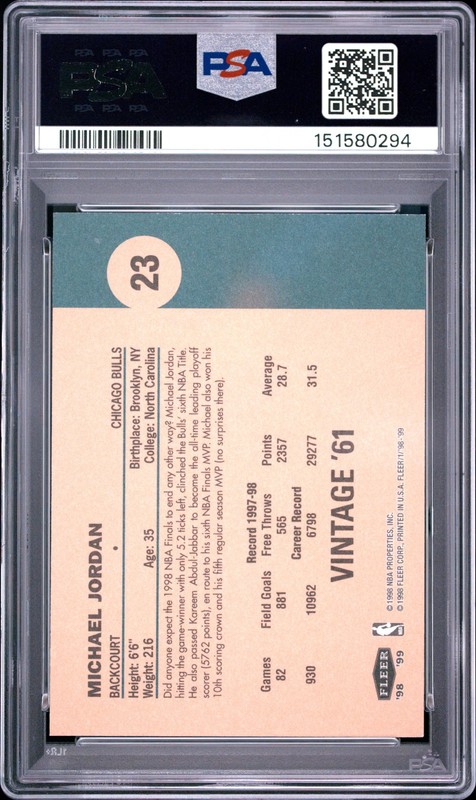 1998 FLEER TRADITION VINTAGE '61 #23 MICHAEL JORDAN PSA 7 view 2