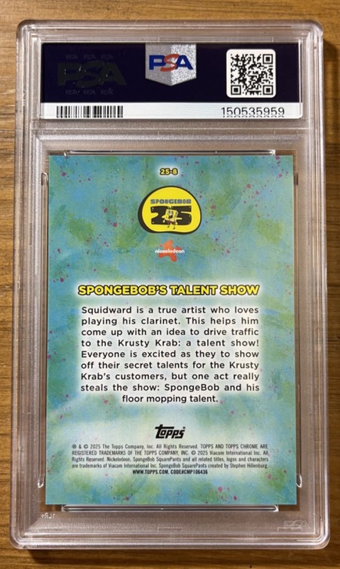 Topps 2025 Chrome SpongeBob Gold Refractor SpongeBob's Talent Show #25-8 PSA 10 view 2