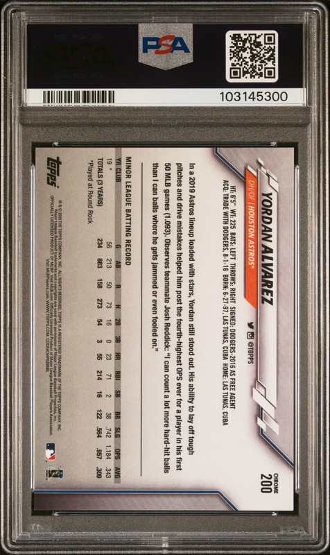 2020 TOPPS CHROME NEGATIVE REFRACTOR #200 YORDAN ALVAREZ ROOKIE RC PSA 10 view 2