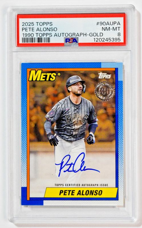 2025 Topps 1990 Topps Autograph Gold /50 Pete Alonso On Card Auto PSA 8 Mets view 1