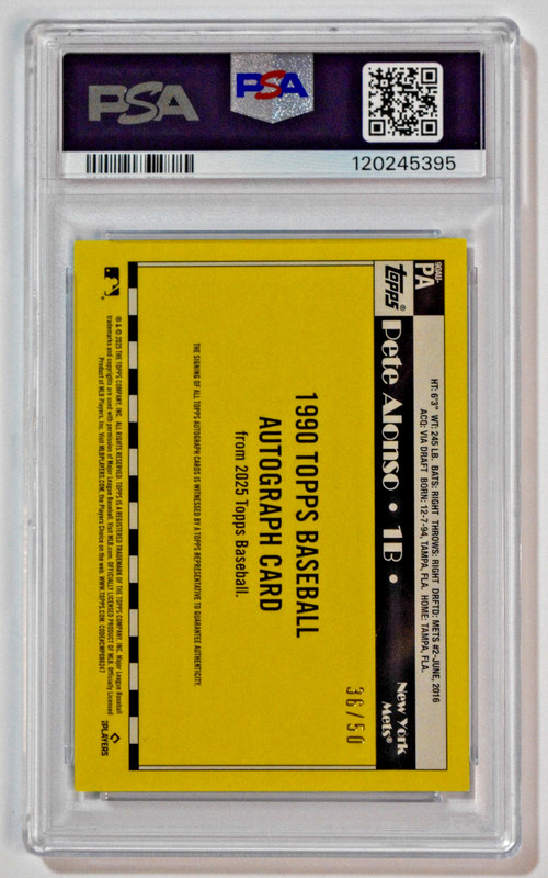 2025 Topps 1990 Topps Autograph Gold /50 Pete Alonso On Card Auto PSA 8 Mets view 2