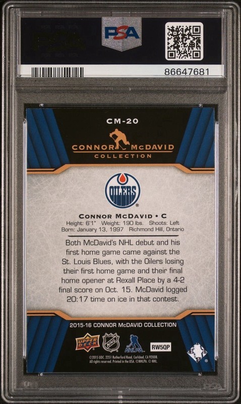Connor Mcdavid 2015 Upper Deck #CM-20 Rookie Card PSA 10 -note odd Label view 2