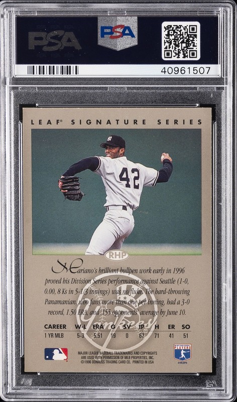 1996 LEAF SIGNATURE AUTOS BRONZE MARIANO RIVERA PSA 8 AUTO 9 view 2