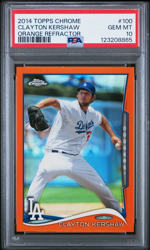 2014 TOPPS CHROME ORANGE REFRACTOR #100 CLAYTON KERSHAW PSA 10