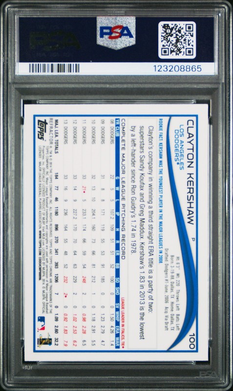 2014 TOPPS CHROME ORANGE REFRACTOR #100 CLAYTON KERSHAW PSA 10 view 2