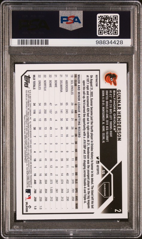 2023 TOPPS CHROME REFRACTOR #2 GUNNAR HENDERSON ROOKIE RC PSA 10 view 2