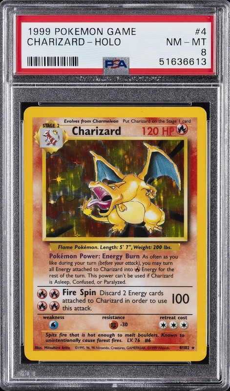 1999 POKEMON BASE SET UNLIMITED #4 CHARIZARD-HOLO PSA 8
