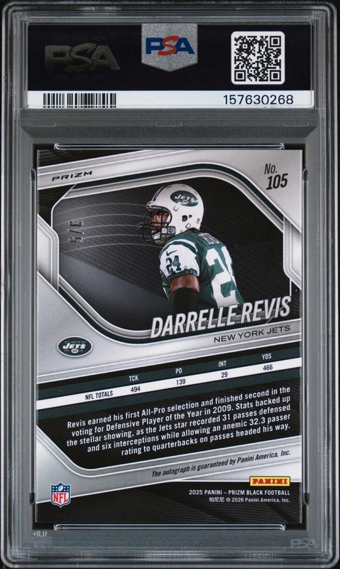 2025 Panini Prizm Black Football Darrelle Revis Gold Vinyl FOTL /5 Auto PSA 10 view 2