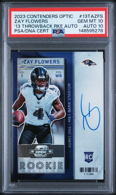 2023 PANINI CONTENDERS #13TAZFS ZAY FLOWERS ROOKIE RC 8/25 PSA 10 DNA AUTO 10