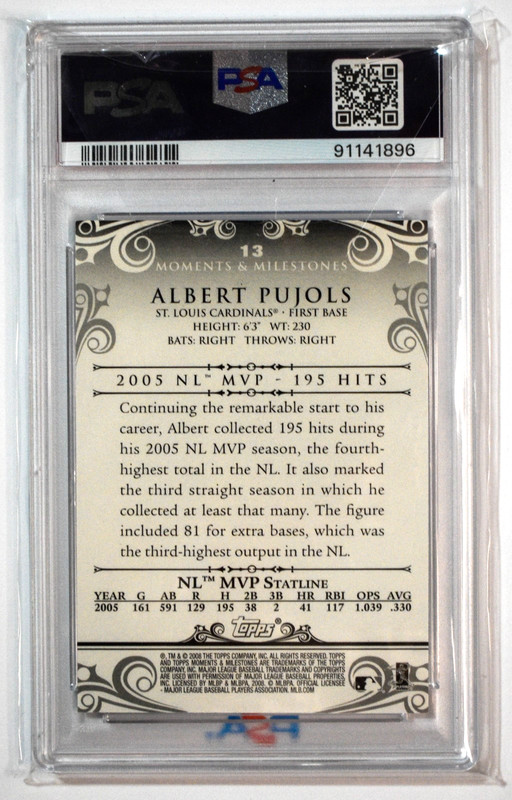 2008 Topps Moments & Milestones #13 Albert Pujols Hit 171-Blue /10 SSP PSA 7 view 2