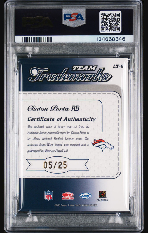 2003 Leaf Limited Clinton Portis Patch Auto /25 PSA 8/8 Game Worn Broncos view 2
