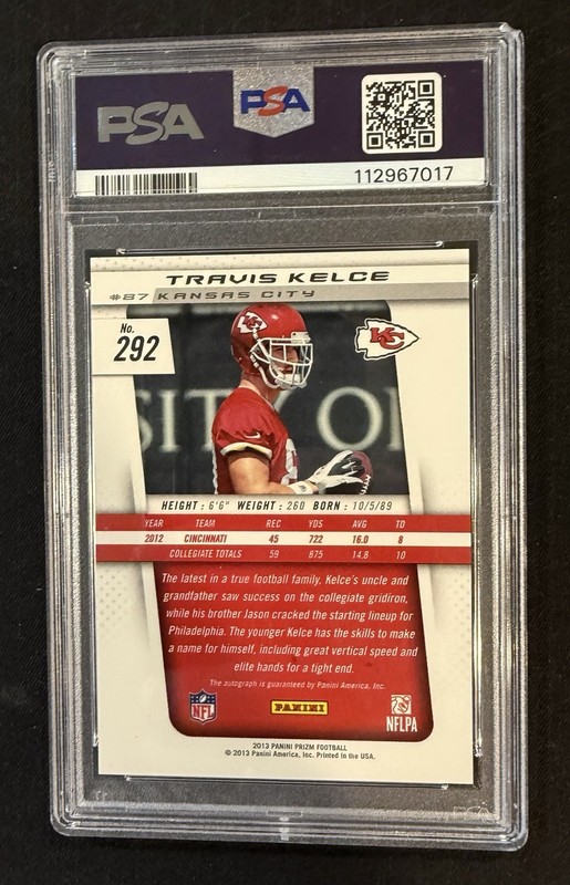 2013 Panini Prizm - Autographs Travis Kelce #292 (AU, RC) PSA 9 view 2
