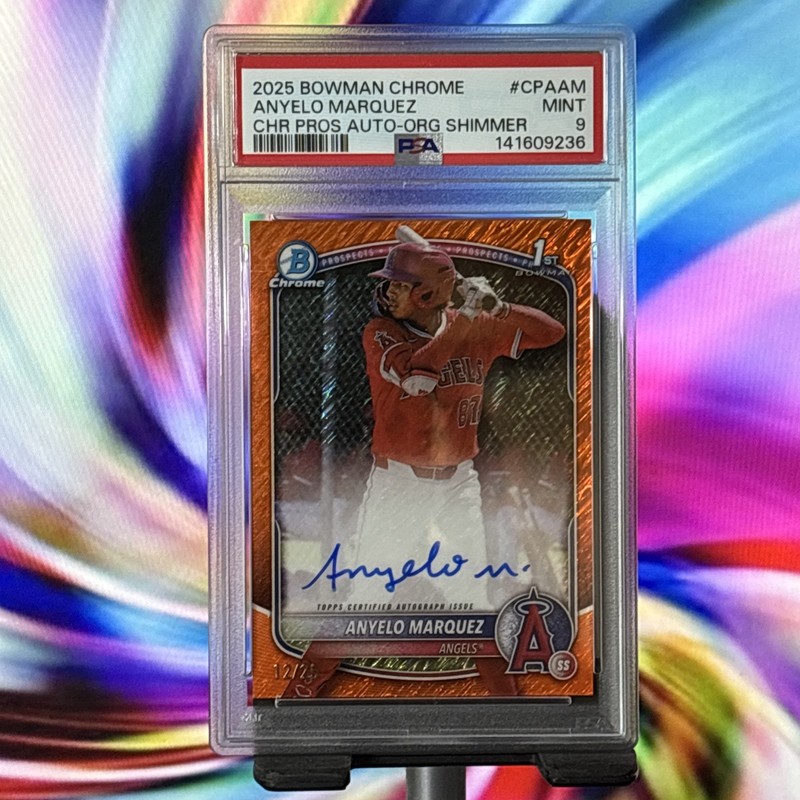 2025 BOWMAN CHROME PROSPECT AUTO ORANGE SHIMMER ANYELO MARQUEZ 12/25 PSA 9