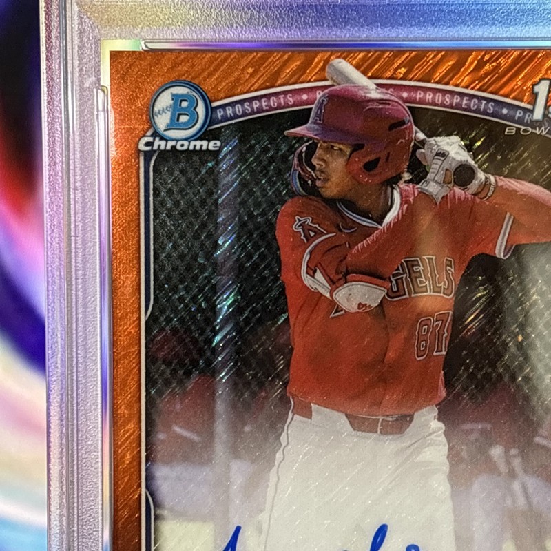 2025 BOWMAN CHROME PROSPECT AUTO ORANGE SHIMMER ANYELO MARQUEZ 12/25 PSA 9 view 2