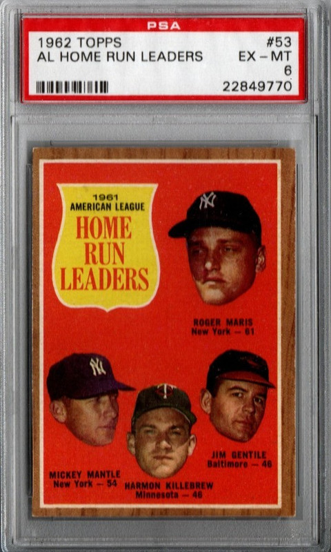 1962 TOPPS #53 AL HOME RUN LEADERS MARIS MANTLE KILLEBREW GENTILE PSA EX-MT 6
