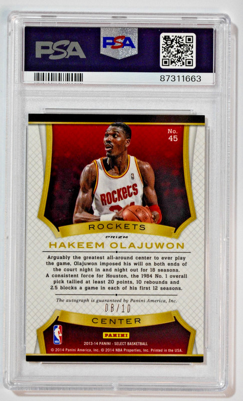 2013 Panini Select Signatures Hakeem Olajuwon Gold Prizm Auto /10 PSA 9 Pop 1 view 2