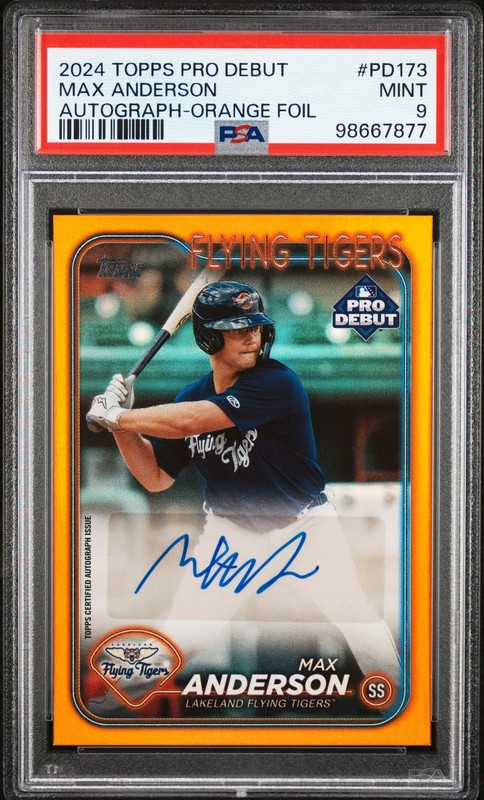 2024 TOPPS PRO DEBUT AUTO-ORANGE FOIL #PD173 MAX ANDERSON 16/25 PSA 9