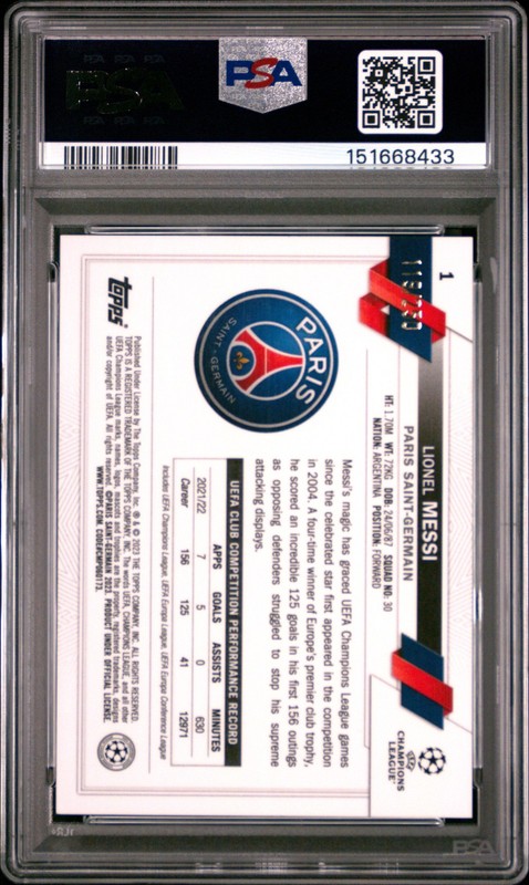 2022-23 TOPPS CHROME UEFA CLUB COMPETITIONS #1 LIONEL MESSI 119/250 PSA 10 view 2