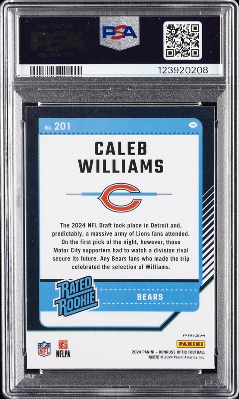2024 PANINI DONRUSS OPTIC BLUE GLITTER #201 CALEB WILLIAMS PSA 10 view 2