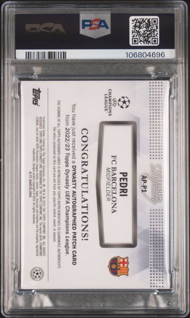 2022-23 Topps Dynasty Pedri #AP-P1 Autograph Patch Sponsor Black /5 PSA Auto 10 view 2