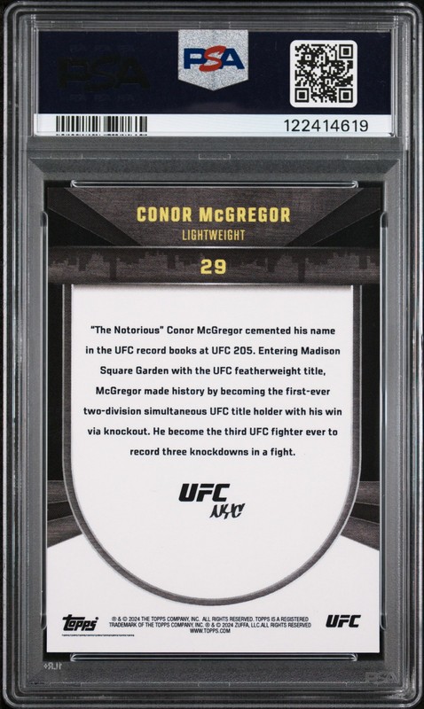 2024 TOPPS UFC NYC BLUE #29 CONOR MCGREGOR 8/49 PSA 10 view 2
