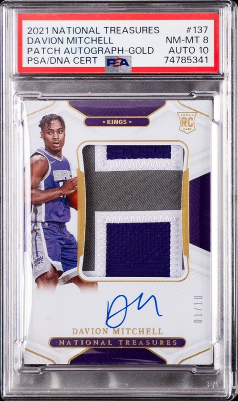 2021 NATIONAL TREASURES PATCH AUTO-GOLD #137 DAVION MITCHELL 1/10 PSA 8 AUTO 10