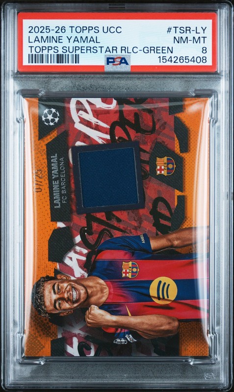 2025 TOPPS UEFA CLUB COMPETITIONS SUPERSTAR RELICS ORANGE LAMINE YAMAL /25 PSA 8