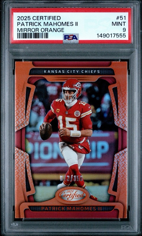 2025 PANINI CERTIFIED #51 PATRICK MAHOMES II MIRROR ORANGE /150 PSA 9 POP 2