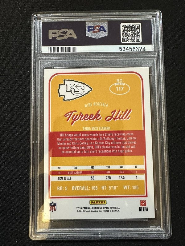 Tyreek Hill RC Rookie Card 2016 Panini Donruss Optic #117 Purple PSA 9 Chiefs view 2