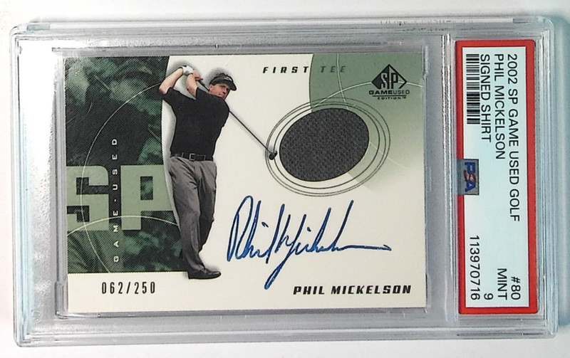 2002 SP Game Used Phil Mickelson First Tee GU Jersey RC Rookie AUTO /250 PSA 9