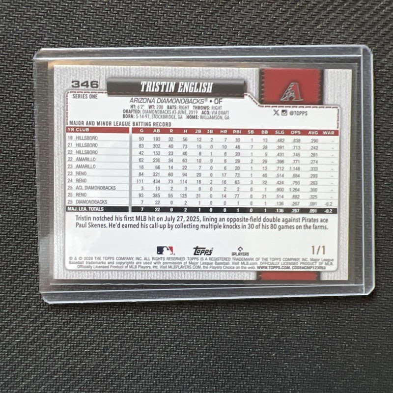 2026 Topps Series 1 Tristen English 1/1 Superfractor Diamondbacks view 2