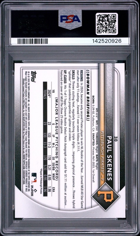 2025 BOWMAN CHROME SAPPHIRE EDITION #30 PAUL SKENES PSA 9 view 2