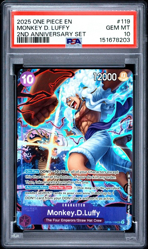 2025 ONE PIECE ENGLISH VERSION 2ND ANNIVERSARY SET #119 MONKEY D. LUFFY PSA 10