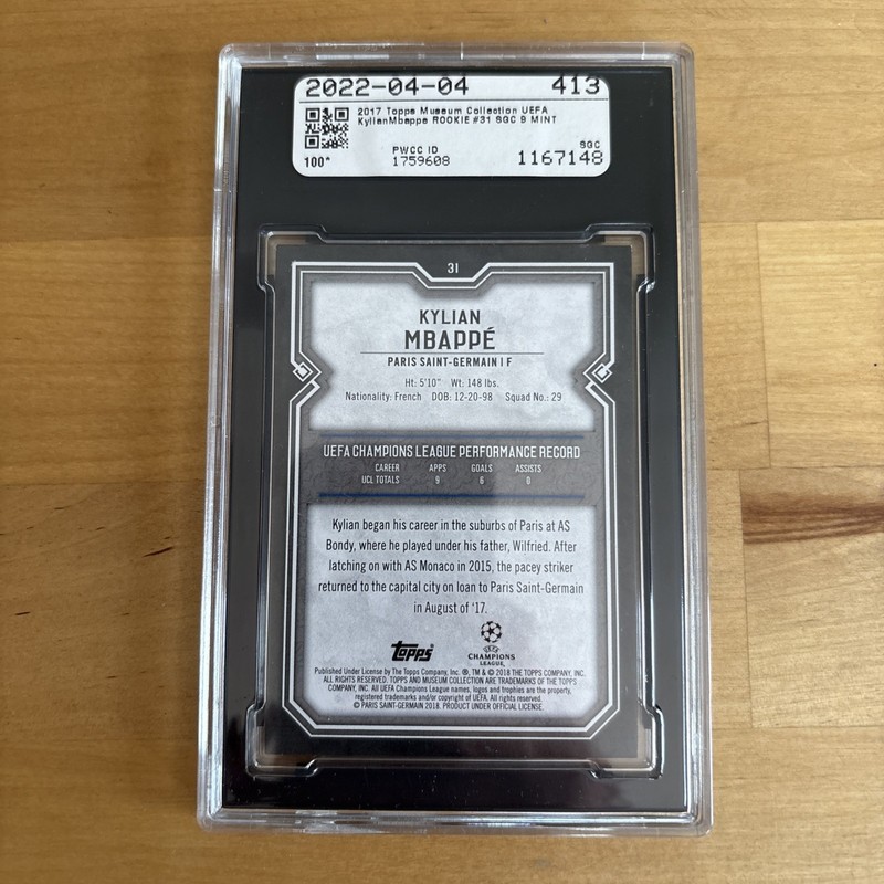 2017-18 Topps Museum Collection Kylian Mbappe Mbappé #31 SGC 9 Rookie Refractor view 2